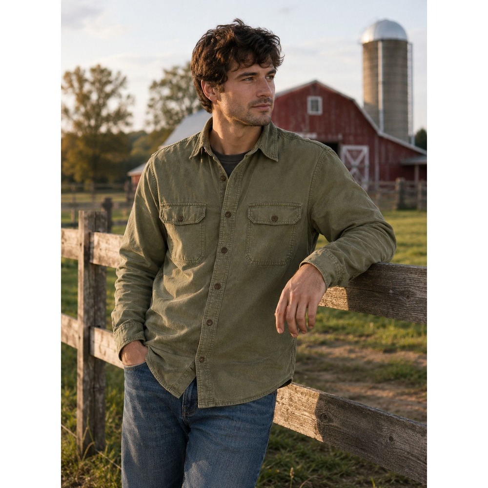 Vintage Eddie Bauer Olive Cotton Field Work Shirt Men's Large Made Hong Kong